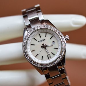 Fossil , silver tone with crystals, womens wrist watch