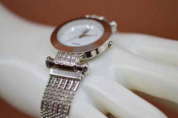 Silver tone with crystals, mop dial, womens watch - image 4