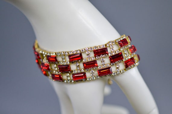 Gold tone with red and colorless crystals, womens… - image 4