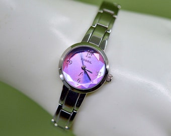 Fossil silver tone with purple dial, womens wrist watch