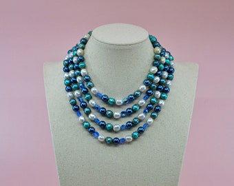 Ton bleu, femme, multi étranglement, femme, collier de perles de mode