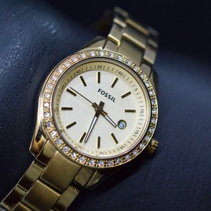 Fossil , gold tone with crystals, womens, quartz wrist watch