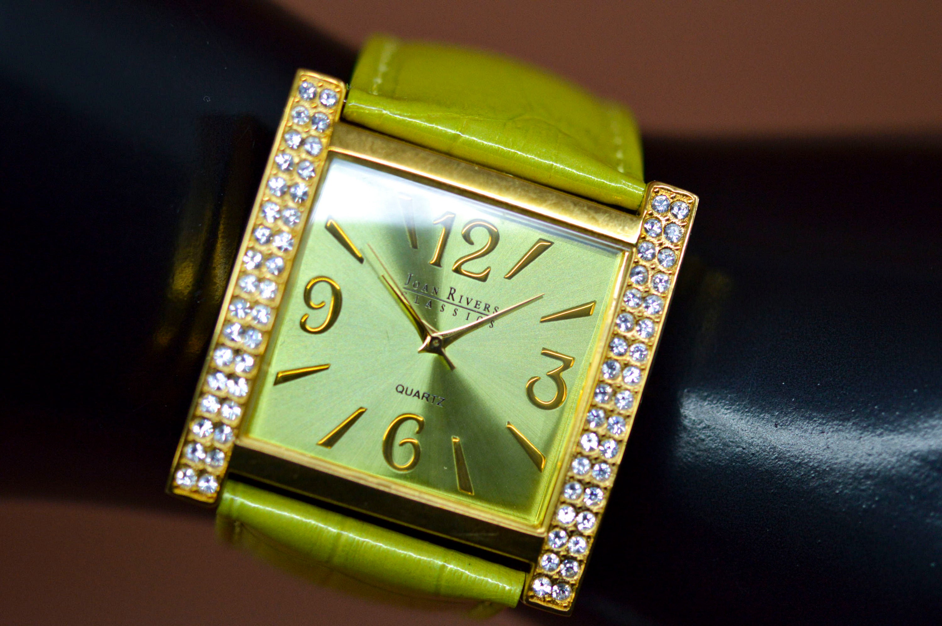 Joan Rivers Classics Wristwatch w/Crystal Rhinestones Yellow leather Band Joan Rivers Watches - Etsy main image 3
