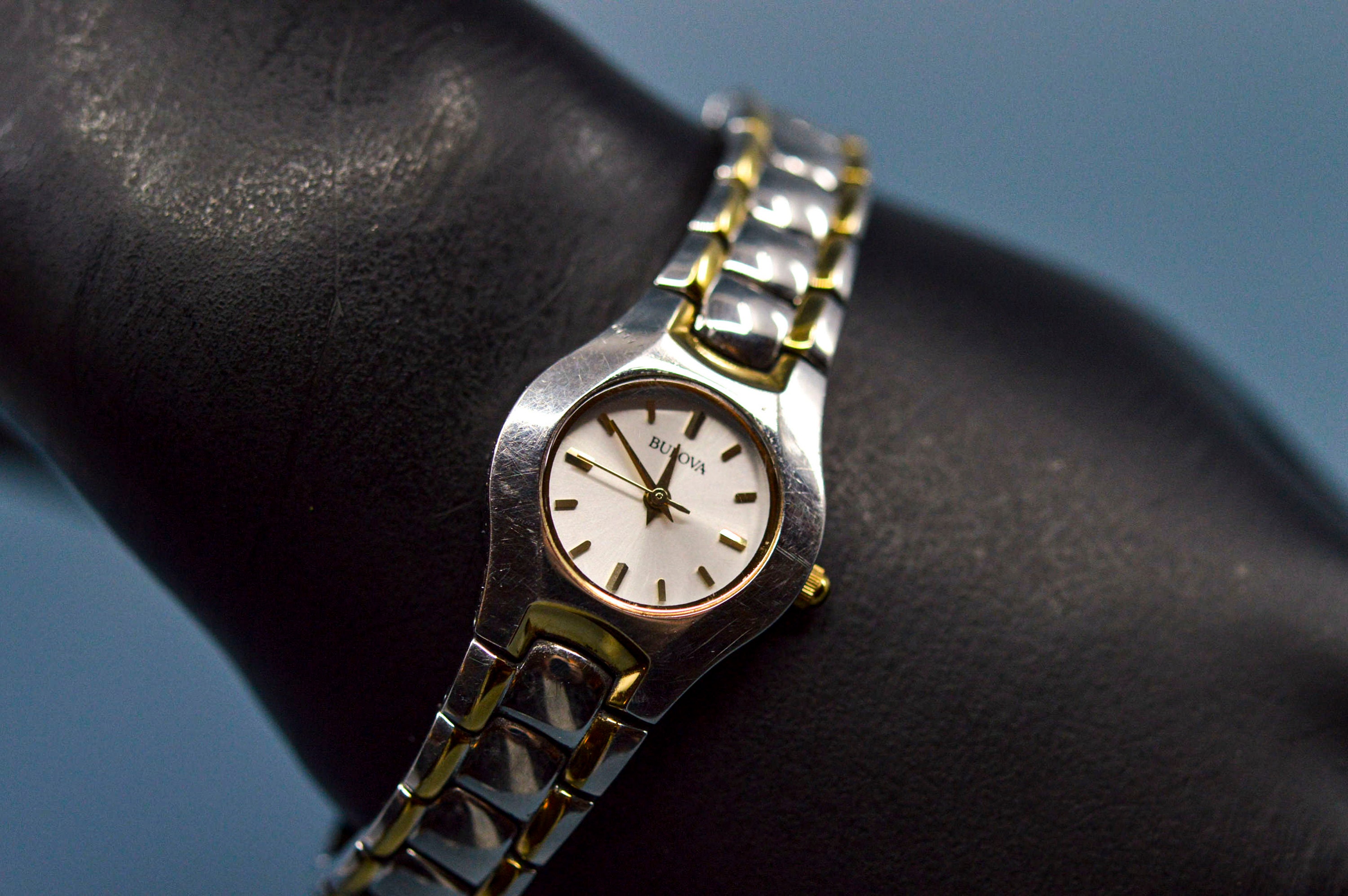 Womens Bulova Gold Silver Two Tone Watch Quartz Dress New Battery 20mm Dainty Bulova Slim Duet Two-Tone Steel MOP Diamond Dial Ladies  main image 2