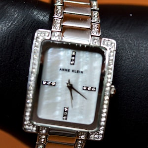 Anne Klein, silver tone with crystals, mop dial, womens, fashion watch