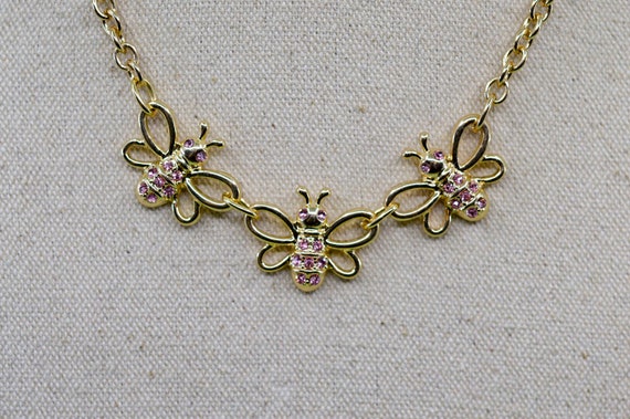Gold tone with pink crystals, womens fashion neck… - image 1