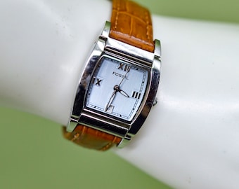 Fossil ton argent avec cadran bleu clair bracelet marron montre bracelet pour femme