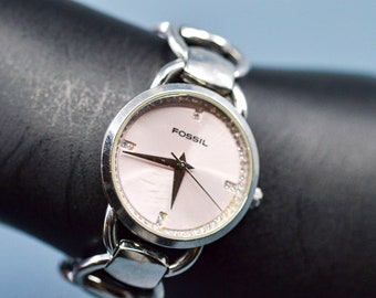 Fossil , silver tone with pink dial, womens, quartz wrist watch