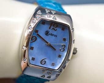 K & Bros, blue tone with crystals, womens fashion watch