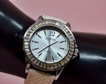 Joan Rivers , silver tone with crystals, white bracelet, womens  fashion wrist watch