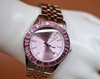 Isaak Misrahi Live, silver tone with pink dial, matching pink crystals, womens fashion wrist watch