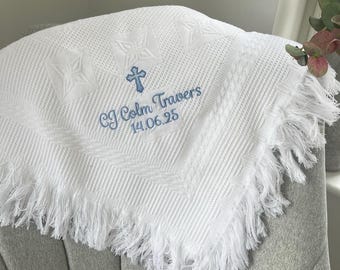 Christening Shawl Blanket / Personalised White Christening Blanket / Christening Blanket Shawl Personalised with Embroidered Name and Cross