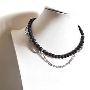 Elegant Lava Stone and Steel Necklace, Minimal Handmade Jewelry, Made in Italy