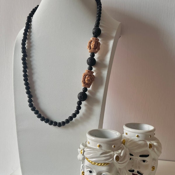 Collana in pietra lavica e ceramica siciliana, collana teste di moro, collana artigianale