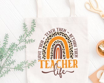 Personalized Teacher Rainbow Tote Bag, Teacher Life Tote Bag, Custom Teacher Bag, Teacher Gifts, Teacher Thank You Bag, Back To School Gift