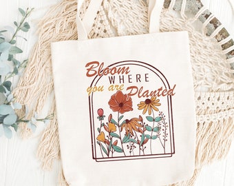 Bloom Where You're Planted Tote Bag, Positive Retro Tote, Vintage Tote, Teachers Gift, Book Lover Gift, Bookworm Gift, Student Tote