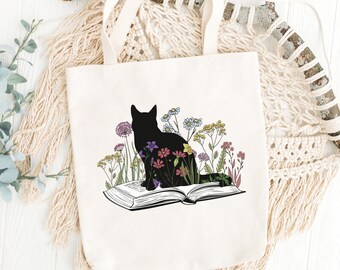 Cat Sitting On Floral Book Canvas Tote Bag, Cute Tote Bag, Bookworm Gift, Book Lovers Tote Bag, Cat Lovers Gift, Floral Tote Bag, Cat Gift