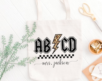 Teacher Tote Bag Retro ABCD Teacher Name Custom Tote Bag For Back to School Teacher Appreciation Gift Custom Name Teacher Retro Tote Bag