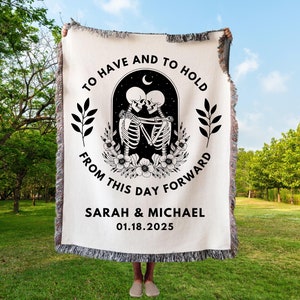 Custom Wedding Gift Blankets Spooky Gothic Cotton Anniversary Blankets Couples Halloween Skeleton Couple Dark Wedding Throw Newlywed Blanket