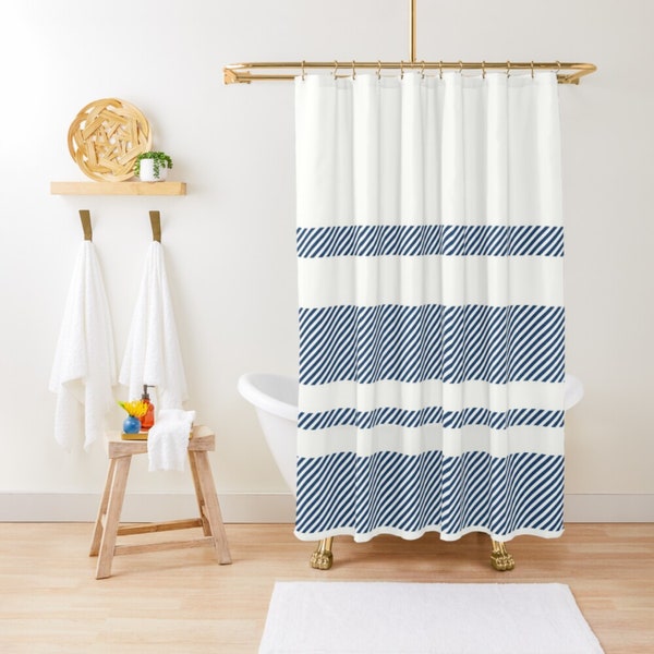 Modern Stripes Shower Curtain, Minimalist Shower Curtain, Geometric Bath Curtain, Modern Farmhouse Shower Curtain, Blue and White Curtain