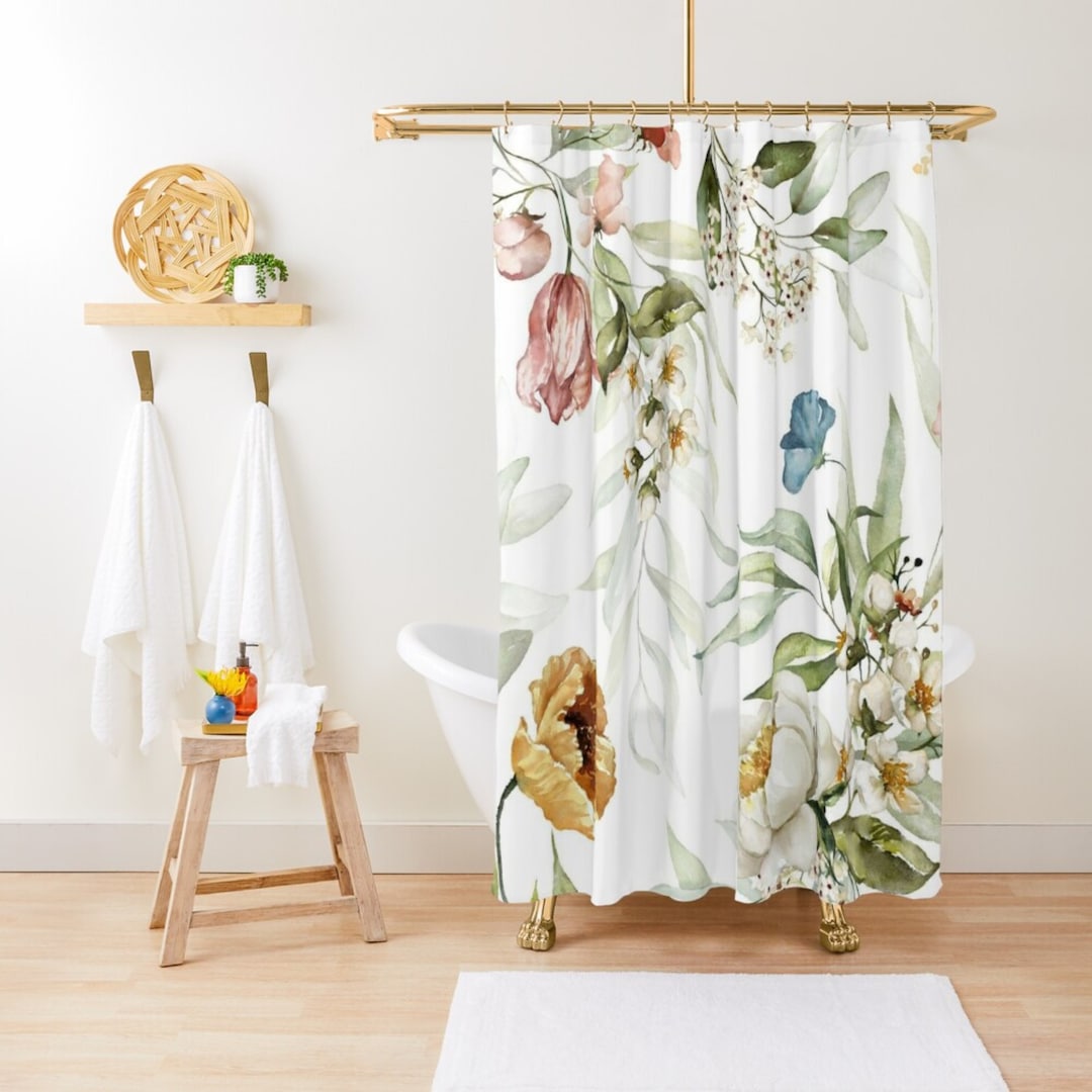Yellow Floral Shower Curtain, Shower Curtain Farmhouse, Botanical