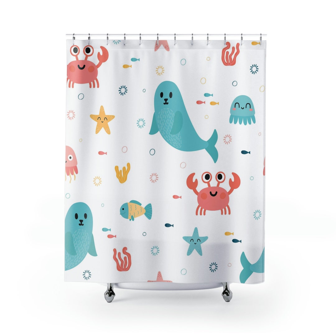 Sea Animals Theme Shower Curtain, Ocean Theme Shower Curtain, Coastal