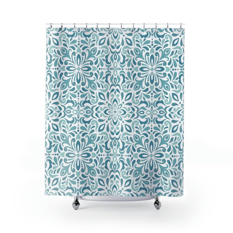 Blue Damask Shower Curtain Boho Shower Curtain Jacquard Etsy
