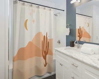 Abstract Desert Mountains Shower Curtain, Boho Shower Curtain, Brown Cream Earth Tones Bath Curtain, Mid Century Modern Bohemian Bathroom