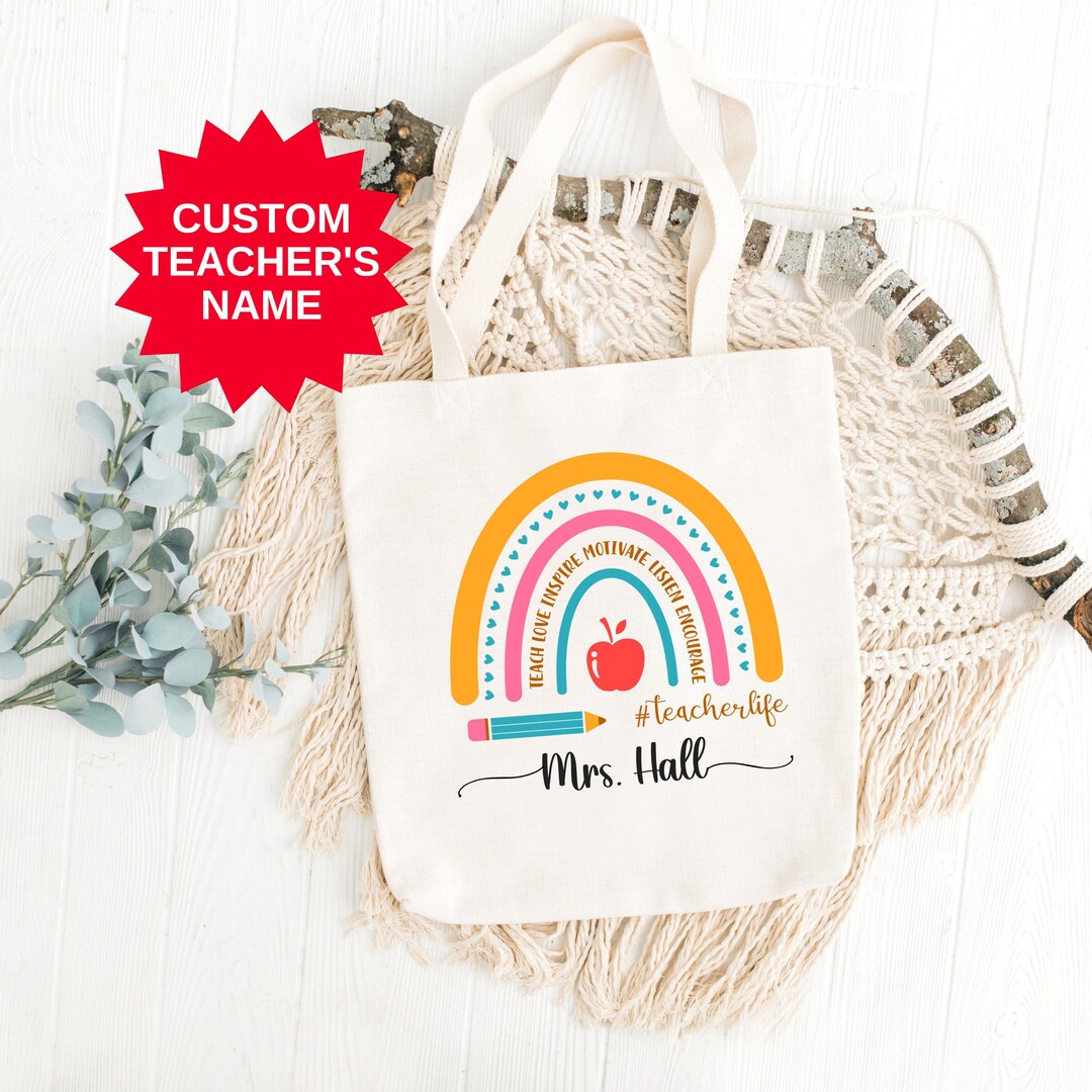 Rainbow Teacher Tote Bag Personalized, Boho Tote Bag for Teacher, Back ...