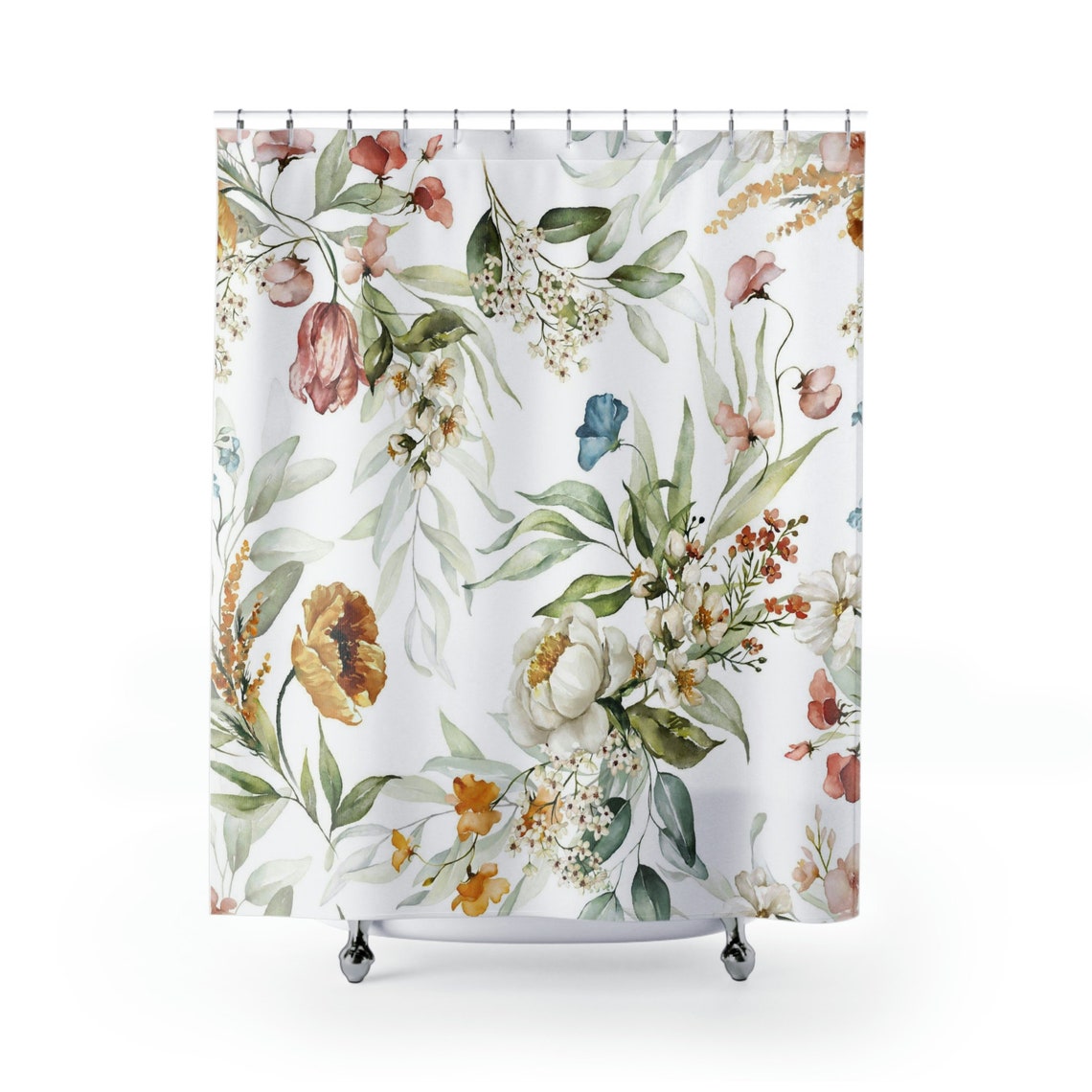 Yellow Floral Shower Curtain, Shower Curtain Farmhouse, Botanical