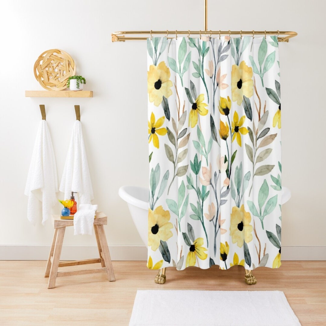 Yellow Floral Shower Curtain, Watercolor Floral Shower Curtain, Cute