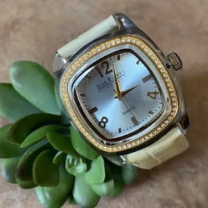 Vintage Joan Rivers Classics CZ Bezel Clear Acrylic & Cream Leather Band Wrist Watch