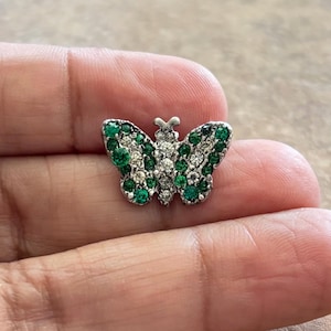 Vintage Sterling Silver & Green Rhinestone Mini Butterfly Brooch Pin