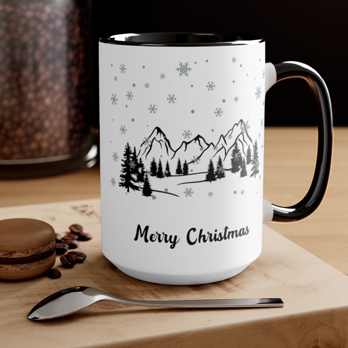 Custom Name Winter Black Mug – Snow Globe Holiday Village Design, Personalized Ceramic Coffee Cup, 11oz Or 15oz Full Wrap – Christmas Gift Mug - View #6