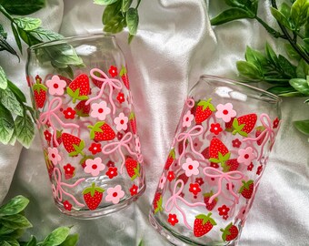 Strawberry Bows- Coquette - Glass Cup- Iced coffee and more