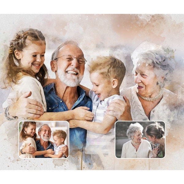 Personalisiertes Porträt vom Foto, Hinzufügen geliebter Menschen zum Familienfotoporträt, Foto zum Gemälde eines Paarporträts als Geschenk, Erinnerungsporträt der Eltern