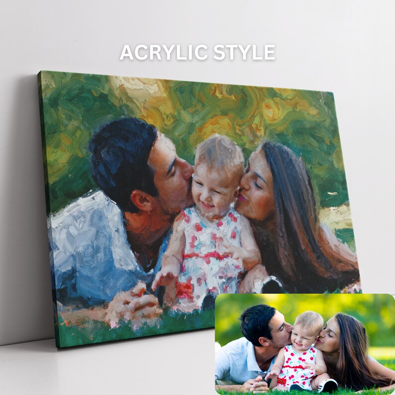 Custom painting from photo in acrylic style. Portrait is made from your photo and printed on canvas or poster. Popular family gift idea or gift for mom, couples gift idea.