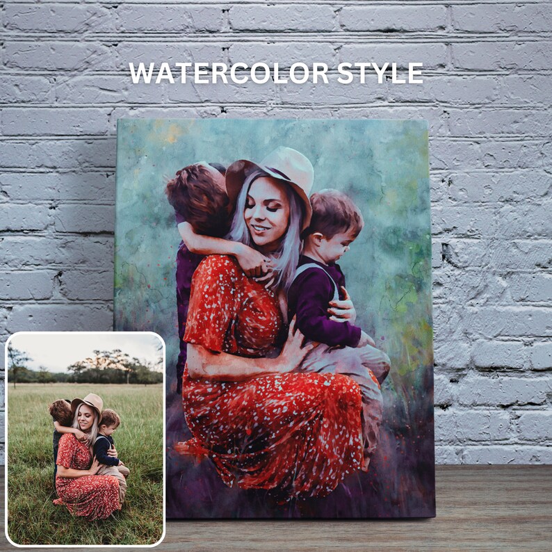 Custom painting from photo in watercolor style. Portrait is made from your photo and printed on canvas or poster. Popular family gift idea or gift for mom, couples gift idea.