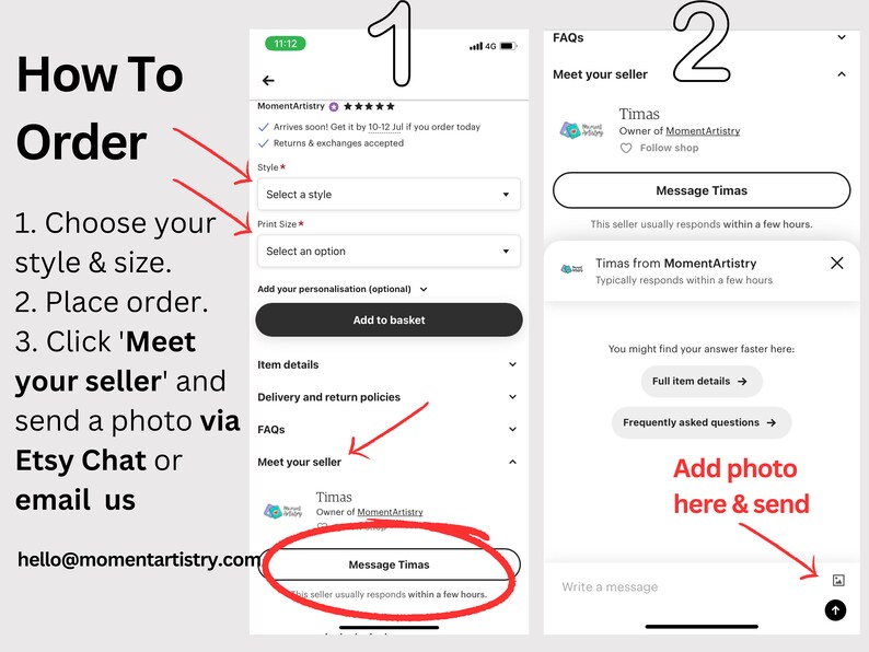 This photo explains how to order a personalized portrait from photo and how to contact the seller to send your photo.