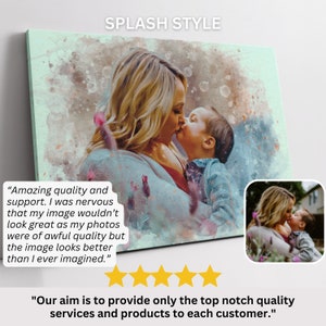 Custom painting from photo in watercolor splash style. Portrait is made from your photo and printed on canvas or poster. Popular family gift idea or gift for mom, couples gift idea.
