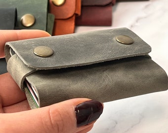 Custom Mother days gift Gray front packet Minimalist Leather Wallet,  Slim Leather Card Wallet, gift for him/her Unisex mini wallet