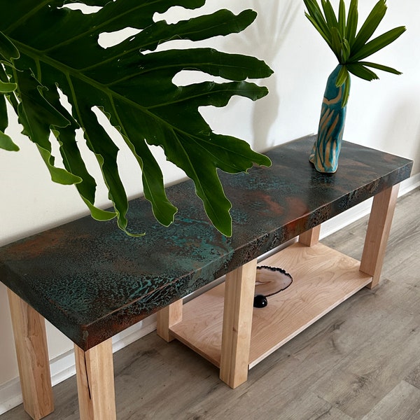 Copper and Maple Console Table with Shelf, Unique Home Decor, Beach House Decor, Copper Sofa Table, Custom Accent Table, Metal Art