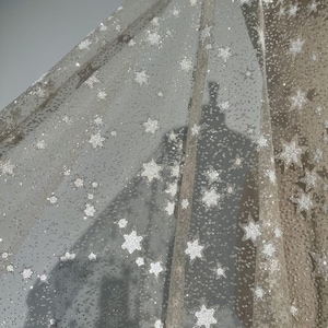 Champagne glitter fabric with a sparkling star pattern. This material is perfect for evening gowns, tops, and fashion accessories.