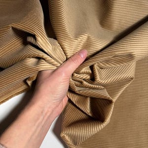 Può includere: Primo piano di un tessuto di velluto a coste beige. Il tessuto, con una trama a coste, è tenuto in mano. Il colore è una tonalità calda e terrosa, che suggerisce morbidezza e flessibilità.