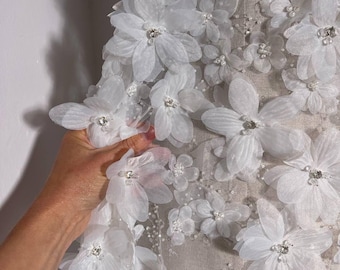 Feminine bridal lace in off-white color. Handmade 3D lace with flowers. Material for wedding dresses, veils,  bridal accessories.