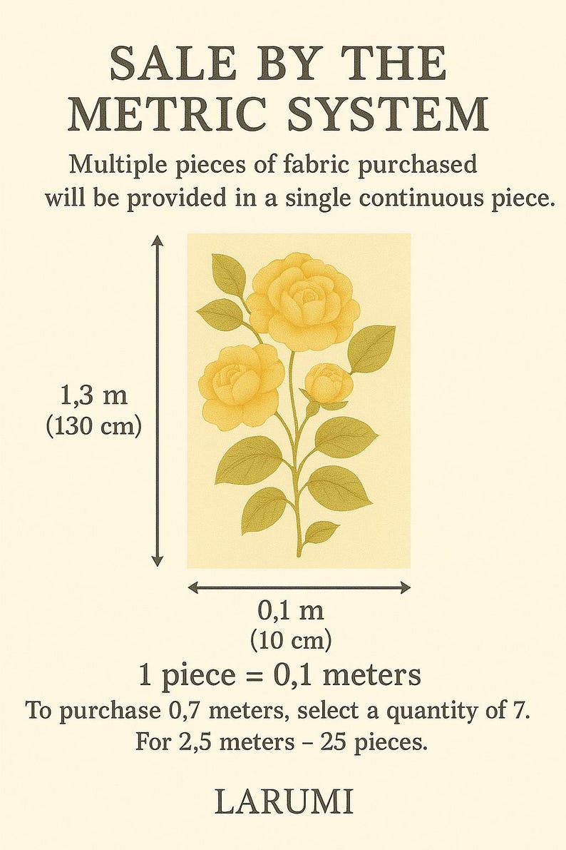 Op de afbeelding: Een diagram dat laat zien hoe je stoffenmaten in het metrische systeem kunt berekenen. De afbeelding toont een gele bloem met groene bladeren en tekst die luidt: "SALE BY THE METRIC SYSTEM", "Multiple pieces of fabric purchased will be provided in a single continuous piece.", "1,3 m (130 cm)", "0,1 m (10 cm)", "1 stuk = 0,1 meter", "Om 0,7 meter te kopen, selecteer je een hoeveelheid van 7. Voor 2,5 meter - 25 stuks.", en "LARUMI".
