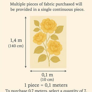 May include: A diagram showing how fabric is sold by the metre. The diagram shows a yellow flower illustration with a measurement of 1.4 metres (140 centimetres) in height and 0.1 metres (10 centimetres) in width. The text reads "Sale by the Metric System. Multiple pieces of fabric purchased will be provided in a single continuous piece. 1 piece = 0.1 metres. To purchase 0.7 metres, select a quantity of 7. For 2.5 metres - 25 pieces. LARUMI"