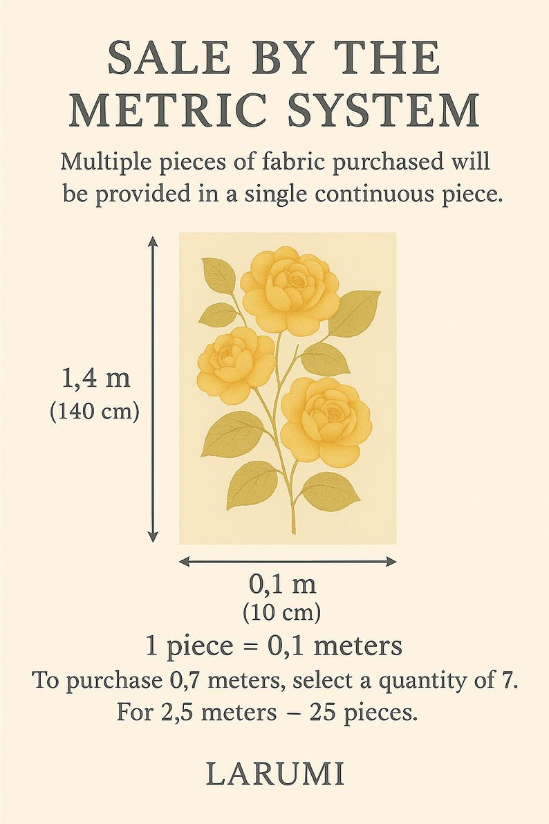 May include: A diagram showing how fabric is sold by the metre. The diagram shows a yellow flower illustration with a measurement of 1.4 metres (140 centimetres) in height and 0.1 metres (10 centimetres) in width. The text reads "Sale by the Metric System. Multiple pieces of fabric purchased will be provided in a single continuous piece. 1 piece = 0.1 metres. To purchase 0.7 metres, select a quantity of 7. For 2.5 metres - 25 pieces. LARUMI"