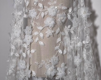 Bridal lace in off-white color. Carefully sewn 3D flowers with sequins and pearls. Perfect for wedding dresses, veils, bridal accessories.