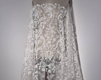 Handmade 3D Bridal Lace with Flowers, Beads, and Crystals. Premium Quality, Perfect for Wedding Dresses and Veils.